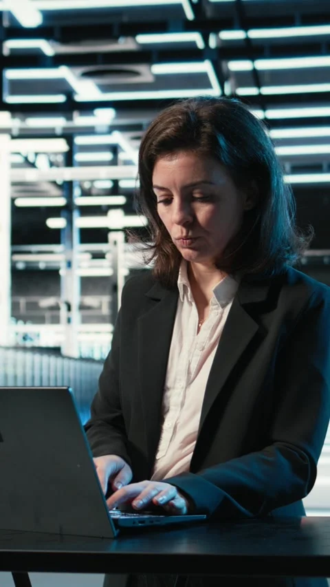 Vertical video Data center engineer typing on laptop keyboard to troubleshoot Stock Footage 330098219