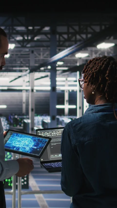 Vertical video Data center engineering team doing maintenance on AI servers Stock Footage 310776528