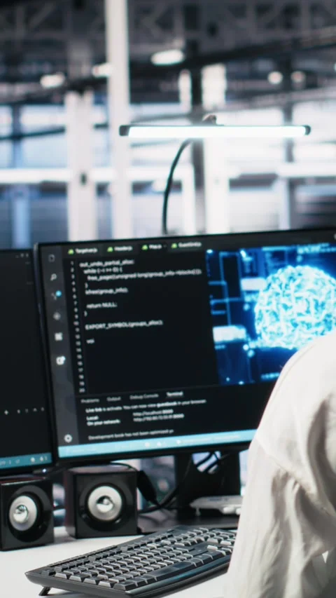 Vertical video Data center female programmer uses machine learning algorithms to Stock-Footage 313455832