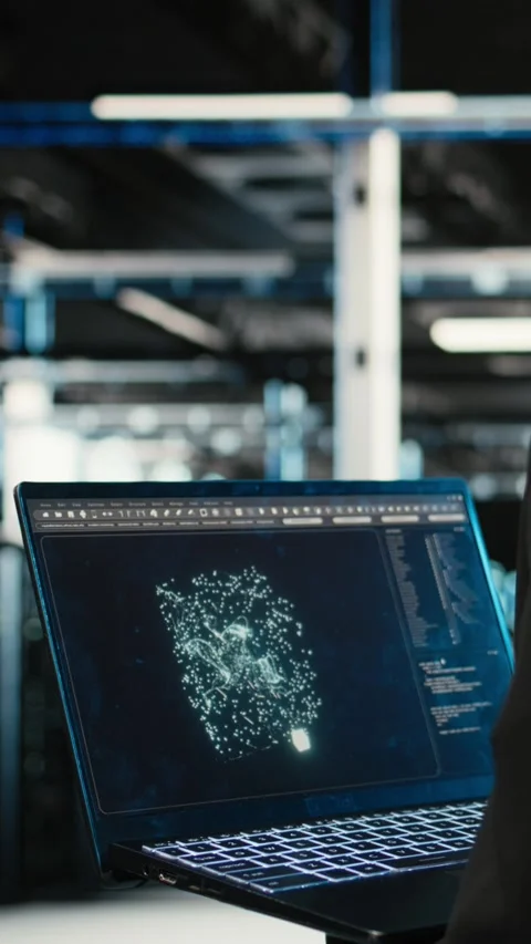 Vertical video Data center female programmer using AI LLM model on laptop Stock-Footage 329316823
