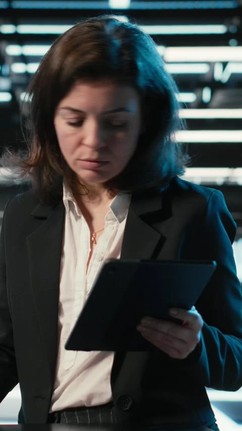 Vertical video Data center female admin uses device and AR simulation to conduct Stock Footage 329317393