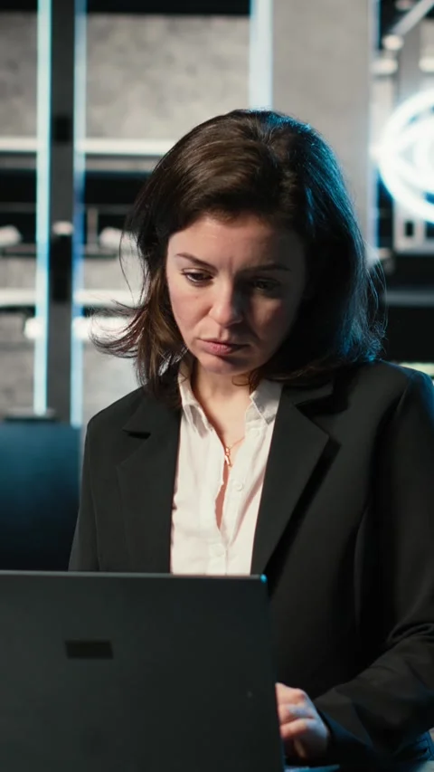 Vertical video Data center female programmer uses laptop and AR virtualization Stock Footage 329317847