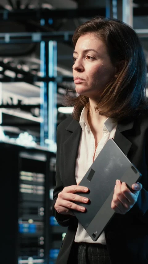 Vertical video Data center female programmer creating digital twin scan to Stock Footage 329318020
