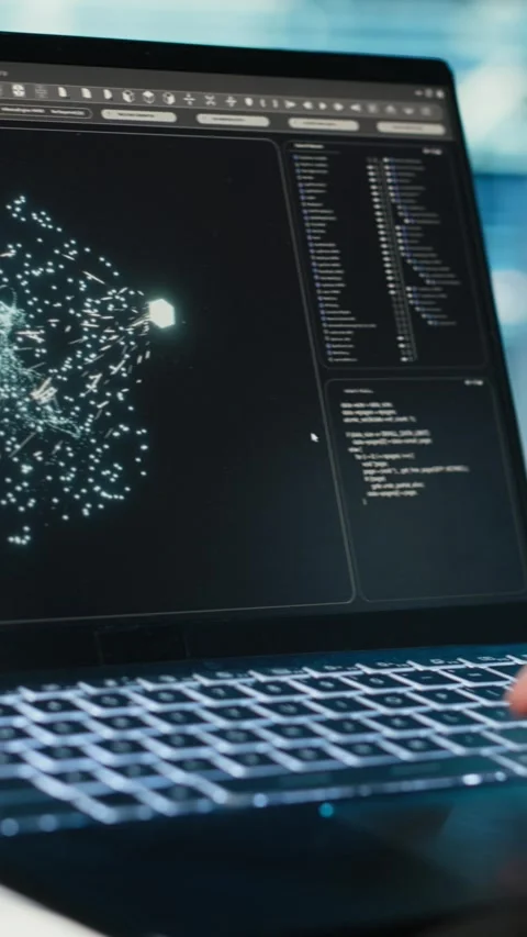 Vertical video Data center female programmer using AI LLM model on laptop Stock-Footage 329320821