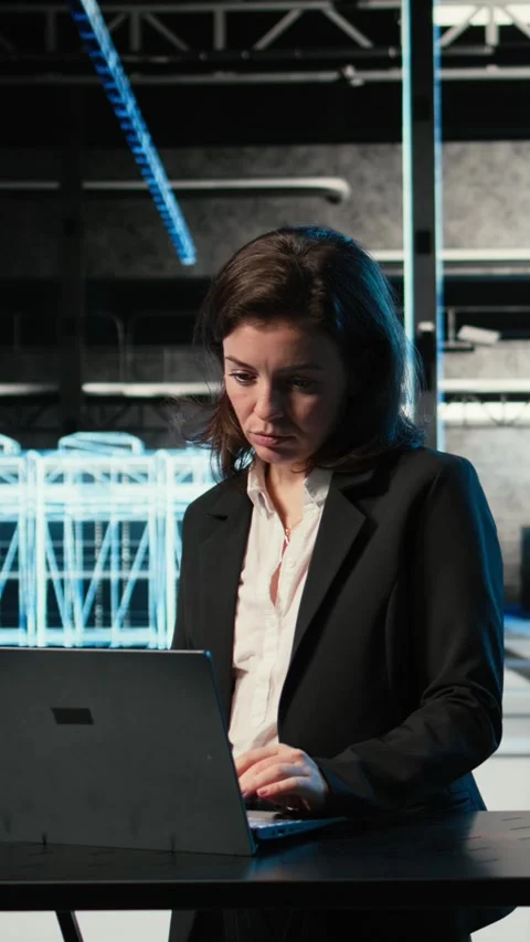 Vertical video Data center female programmer uses laptop and AR virtualization Stock-Footage 330097880