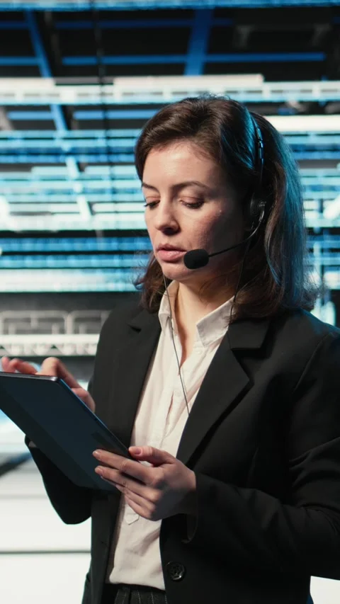Vertical video Data center IT support worker diagnosing issues using AR Stock Footage 329320367