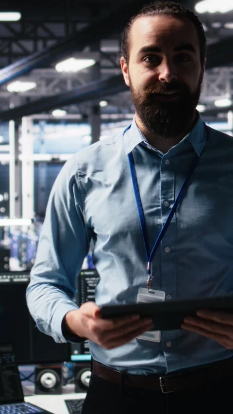 Vertical video Data center lead programmer showcasing AI technology and rigs Stock-Footage 313456783