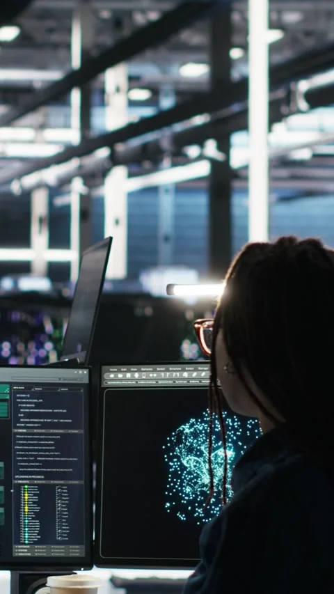 Vertical video Data center manager supervising technician using node tree Video stock 307969961