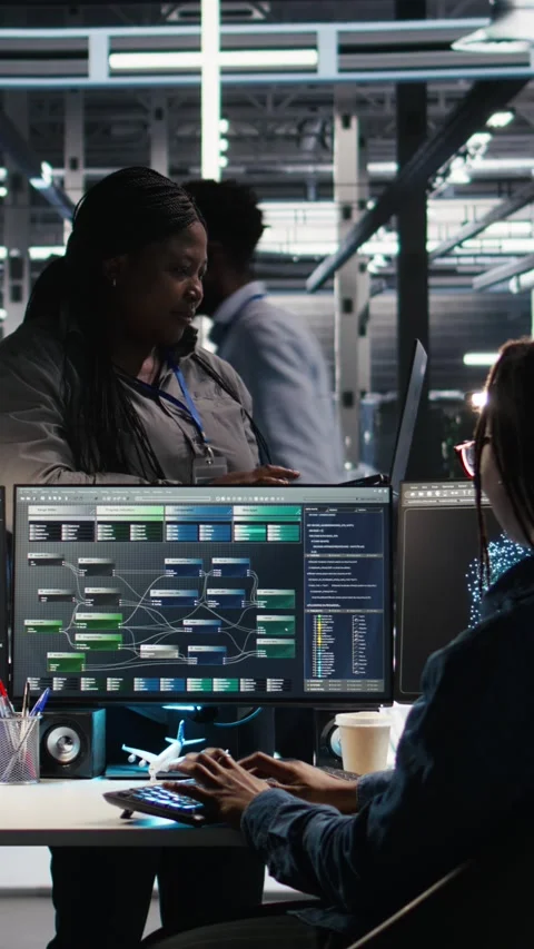 Vertical video Data center manager supervising technician using node tree Stock Footage 308756529