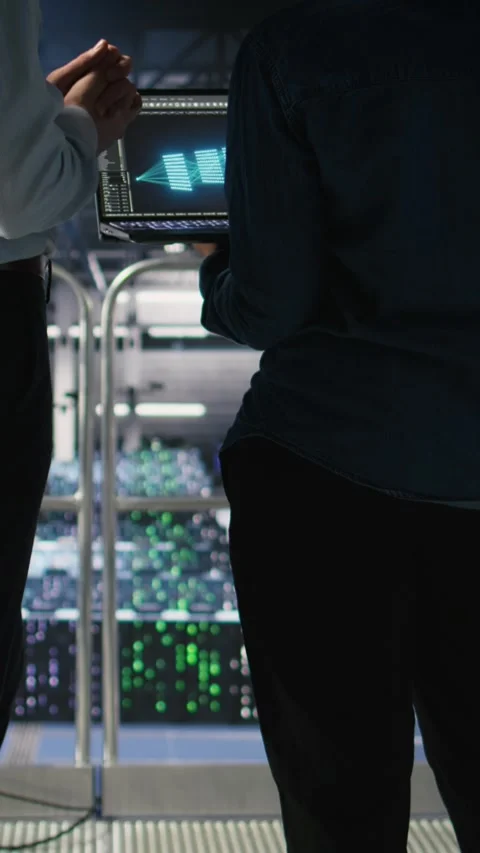 Vertical video Data center manager overseeing work done by admin using AI LLM Stock Footage 310778875