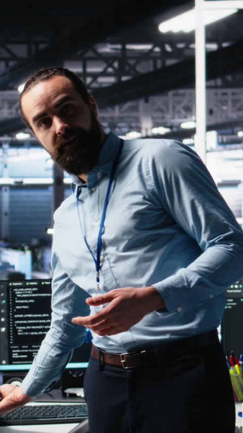 Vertical video Data center manager showcasing AI technology, filming Video stock 313455796