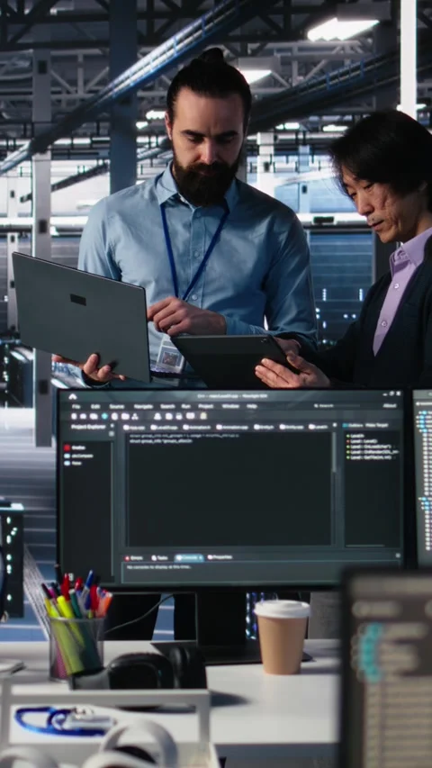 Vertical video Data center manager supervising work done by programmers on Stock-Footage 313456926