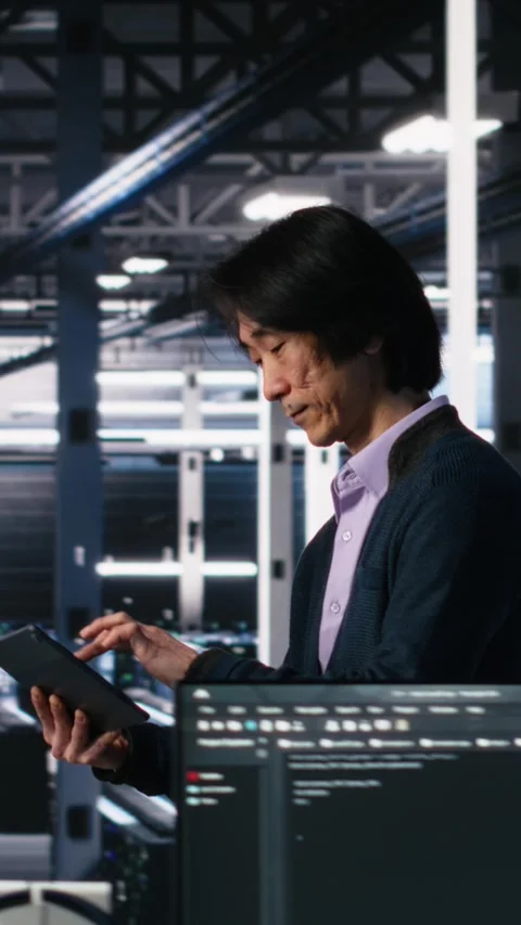 Vertical video Data center manager supervising developer using device to monitor Stock Footage 313506427