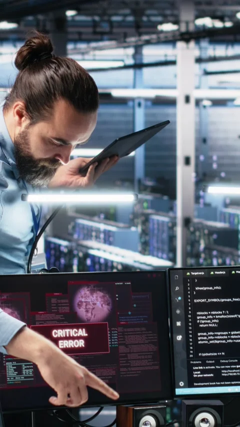 Vertical video Data center manager coordinates programmers fixing critical error Stock Footage 313507357