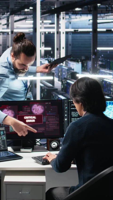 Vertical video Data center manager coordinates programmers fixing critical error Stock Footage 313507585