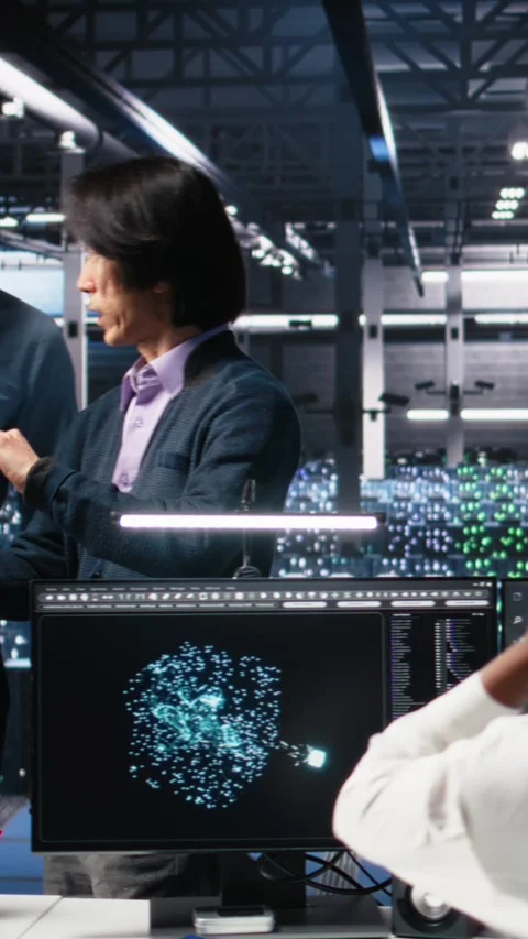 Vertical video Data center manager supervising developer using device to monitor Stock Footage 313507867