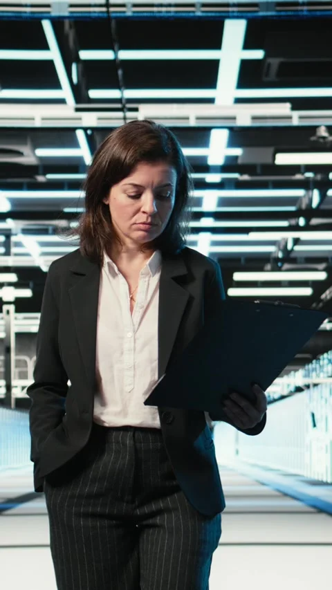 Vertical video Data center manager inspecting blue wireframe mesh hardware Stock Footage 329316459