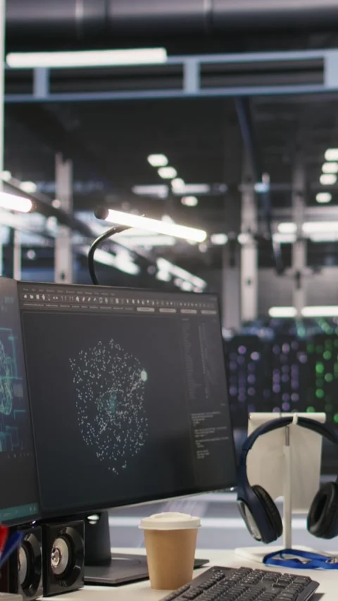 Vertical video Data center PCs showing neural network visualization and code Stock Footage 309251455