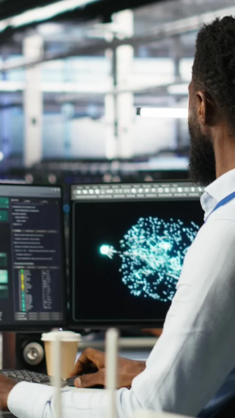Vertical video Data center programmer uses machine learning node tree tool to Video stock 307968799