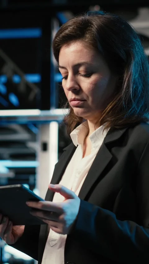 Vertical video Data center programmer with tablet scanning rigs to create Stock Footage 329317459