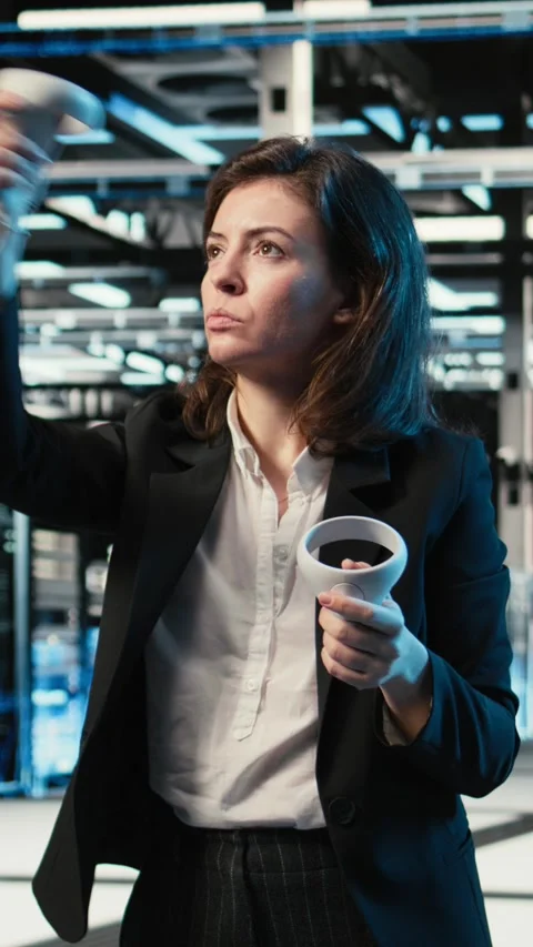 Vertical video Data center programmer using VR equipment to create digital twin Stock Footage 329322803