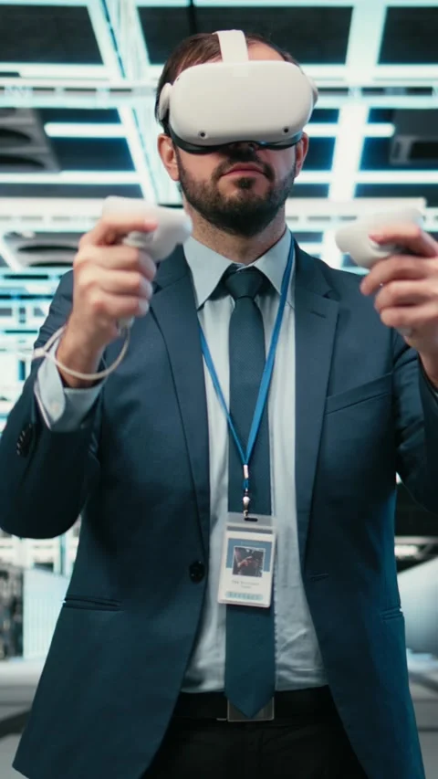 Vertical video Data center programmer using VR headset tech to do equipment Stock Footage 329451430