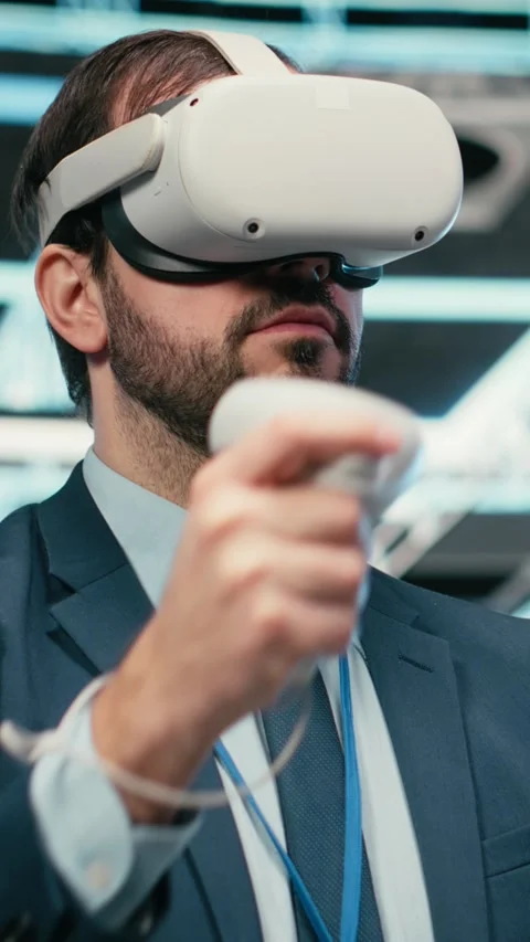 Vertical video Data center programmer using VR headset tech to do equipment Stock Footage 329943775