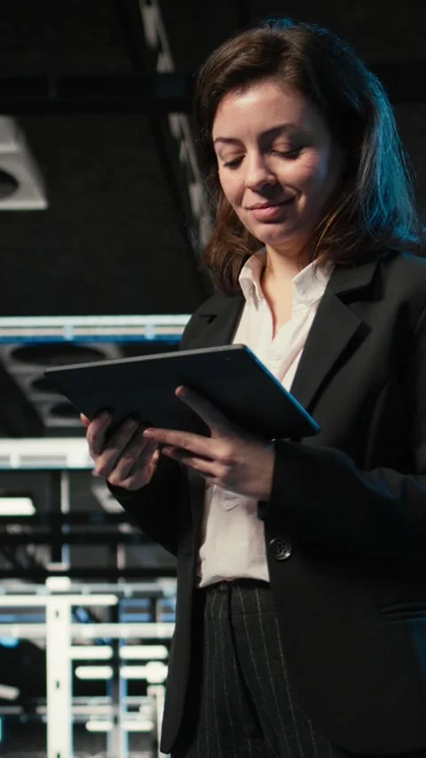 Vertical video Data center programmer with tablet scanning rigs to create Stock Footage 330097688