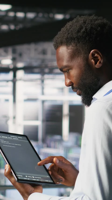 Vertical video Data center programmers on industrial platform checking lines of Stock-Footage 310779595