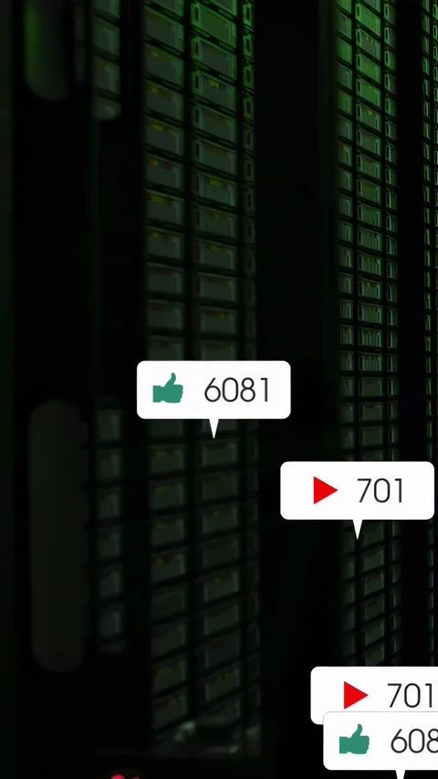 Vertical video: Data-center rack green LEDs, live data spawning social badges Stock Footage 332823213