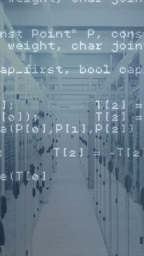 Vertical video: Data center racks staying while pulse causing code scrolling and Stock Footage 332277850