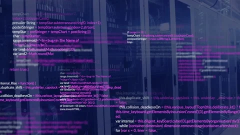 Vertical video: Data center racks reacting to input and showing code overlay and Stock Footage 332746978