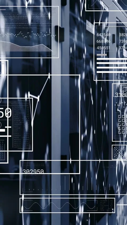 Vertical video: Data center rail holding while camera panning showing HUD Stock Footage 332775370