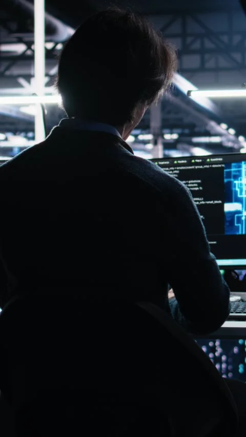 Vertical video Data center software developer using computer to monitor neural Stock Footage 313507820