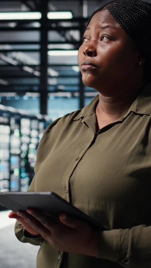 Vertical video Data center software developer uses tablet to develop disaster Stock Footage 316859420