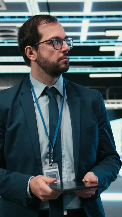 Vertical video Data center software developer using tablet and augmented reality Stock Footage 329591059