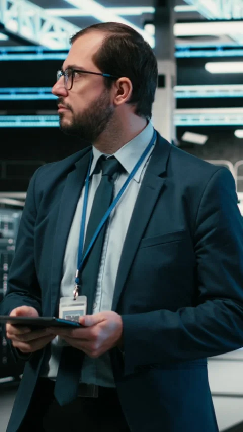 Vertical video Data center software developer using tablet and augmented reality Stock Footage 329713666