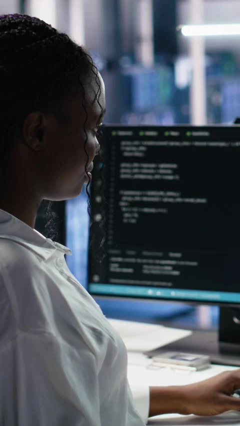 Vertical video Data center system administrator working on neural network tech Stock Footage 313455787