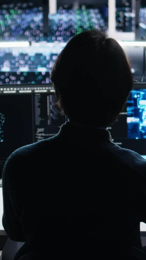 Vertical video Data center system administrator working on artificial Stock Footage 313456743