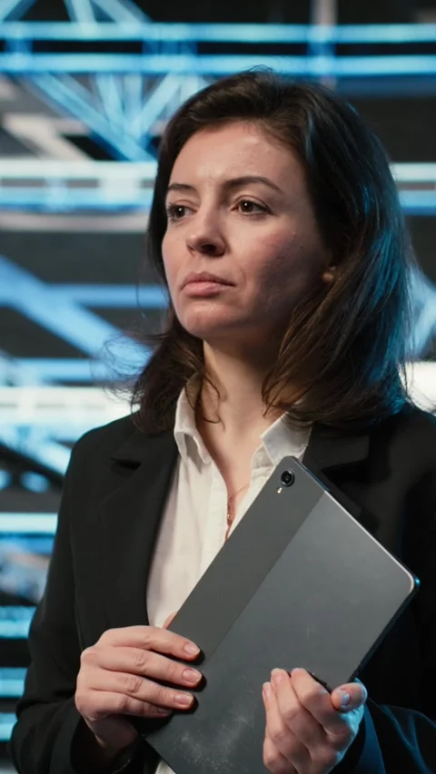 Vertical video Data center system administrator looks at virtual graphics to Stock Footage 329318044