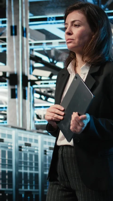 Vertical video Data center system administrator looks at virtual graphics to Stock Footage 329319278