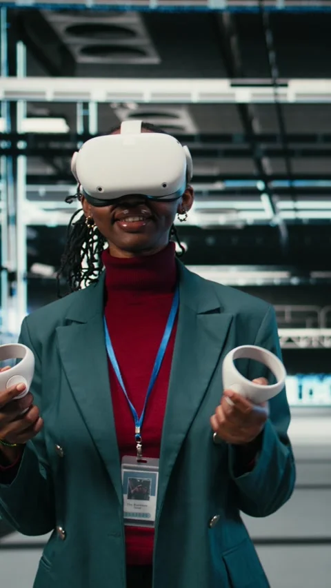 Vertical video Data center system administrator uses VR headset gear and AR Stock Footage 329649942