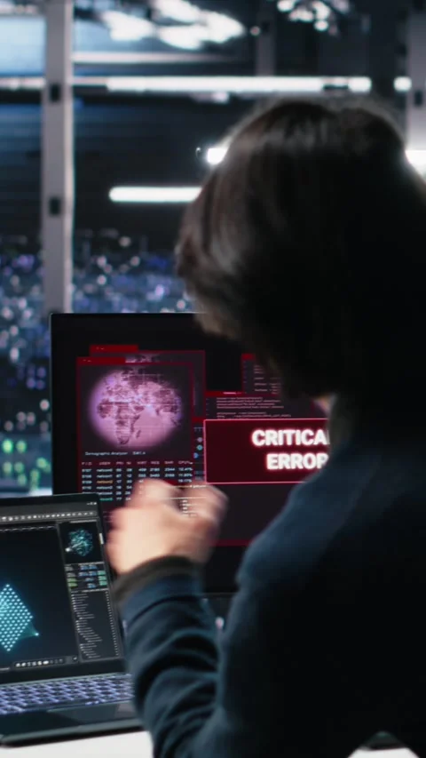 Vertical video Data center team of engineers tries to fix critical error warning Stock Footage 313455506