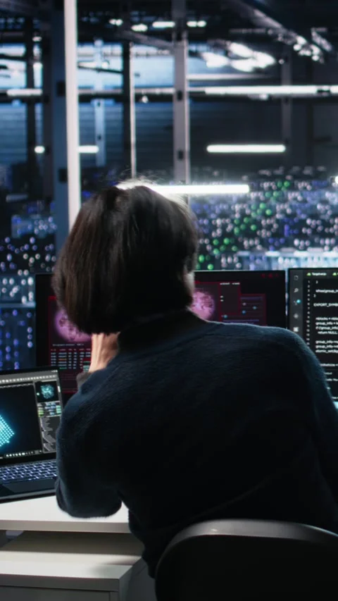 Vertical video Data center team of engineers tries to fix critical error warning Stock Footage 313506550
