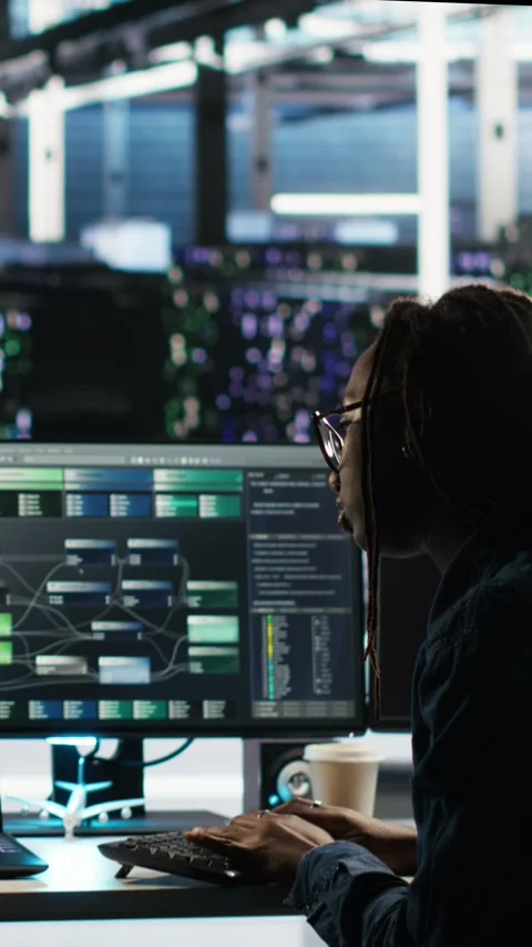 Vertical video Data center teamworking colleagues use node tree program Stock Footage 308753180