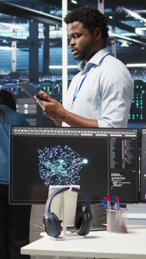 Vertical video Data center technician using tablet to do node tree programming Stock Footage 307970106