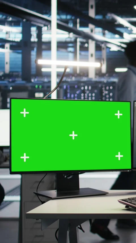 Vertical video Data center technician using node tree software on mockup PC to Stock Footage 307970684