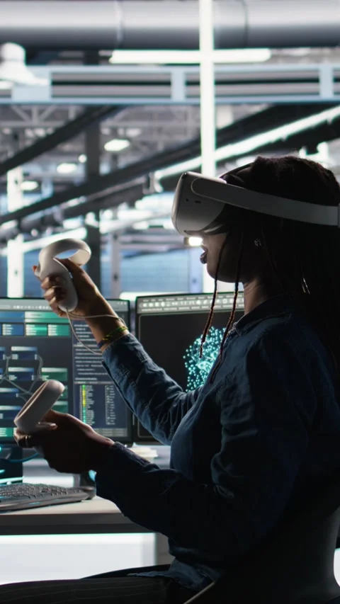 Vertical video Data center technician using virtual reality tech and node tree Stock Footage 308757552