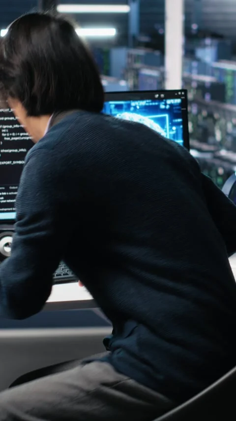 Vertical video Data center technician entering office, managing AI systems Stock Footage 313455689