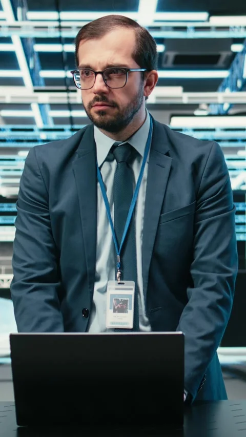 Vertical video Data center technician uses laptop and augmented reality to Stock Footage 329943729